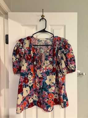 Karlie Floral Puff Sleeve Tassel Tie Blouse Women’s Small